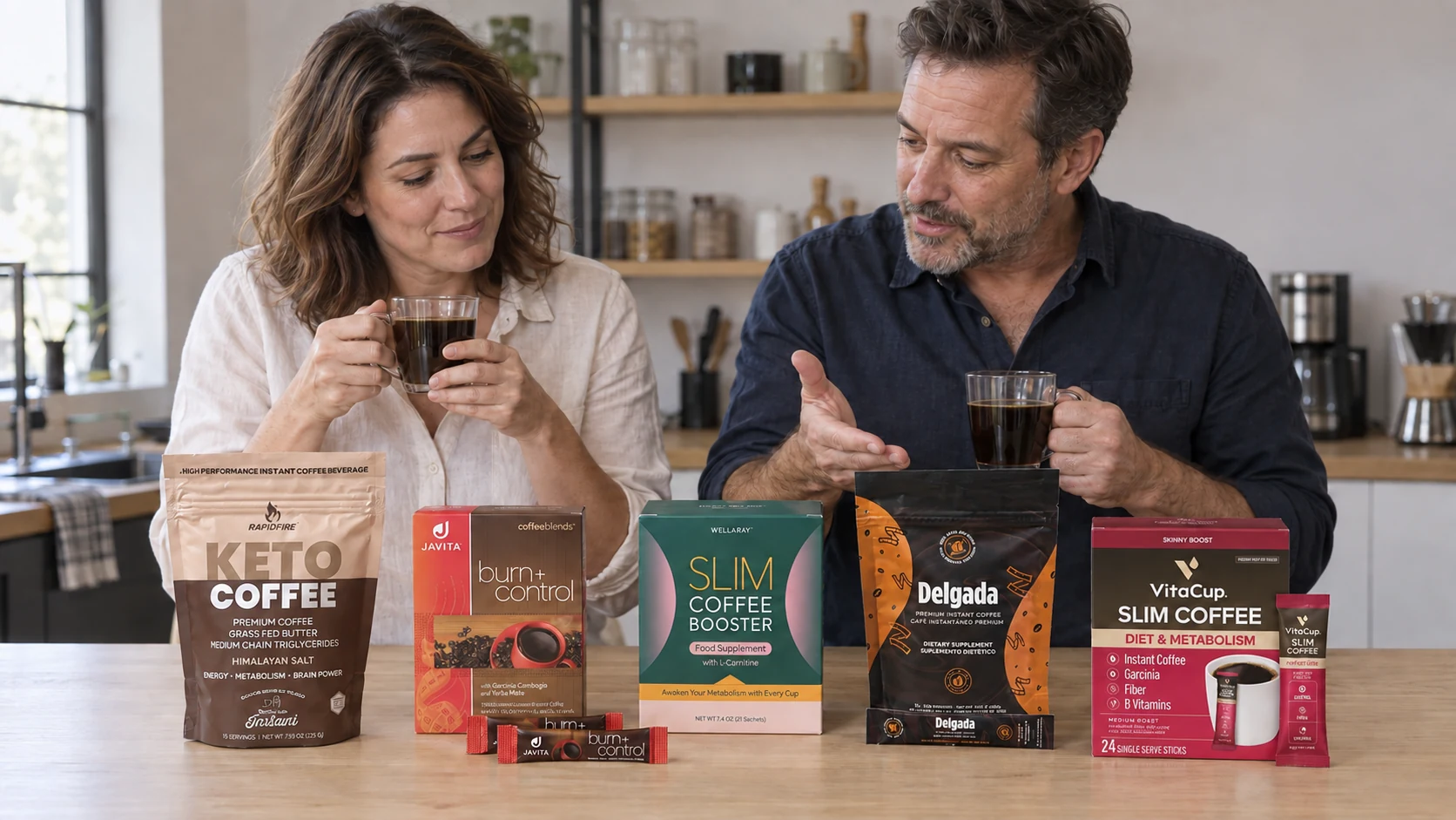 Two coffee reviewers comparing Wellaray, Delgada, VitaCup Slim, Javita Burn + Control and Rapid Fire Keto Coffee