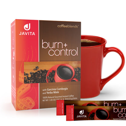 Javita Burn + Control instant coffee box, sticks and cup, official brand product image