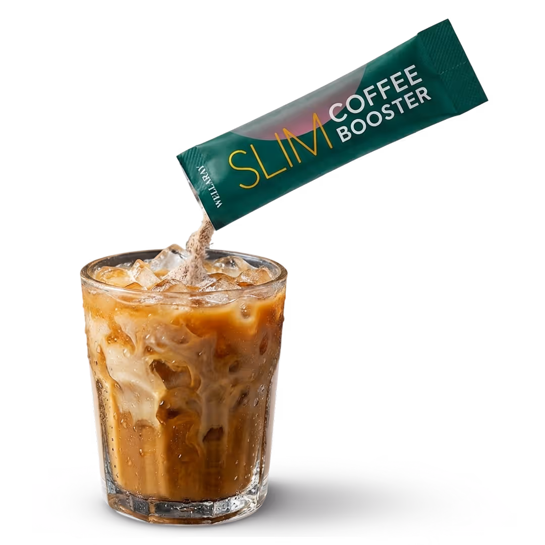 Wellaray sachet added to iced coffee, official product-use illustration